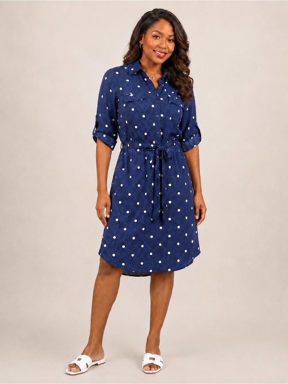 Millenium Navy Blue White Polka Dot Shirt Dress Belted Roll Tab Sleeve Size L